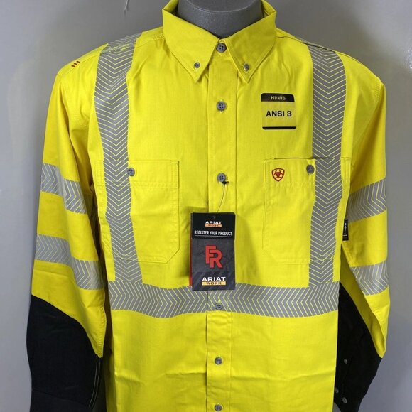 Ariat Men's FR Hi-Vis Work Shirt Size L – Yellow Reflective Flame-Resistant Butt - Picture 1 of 11
